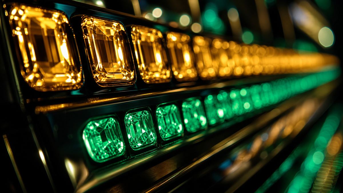 Deretan lampu payline slot menyala dengan bokeh emas dan hijau