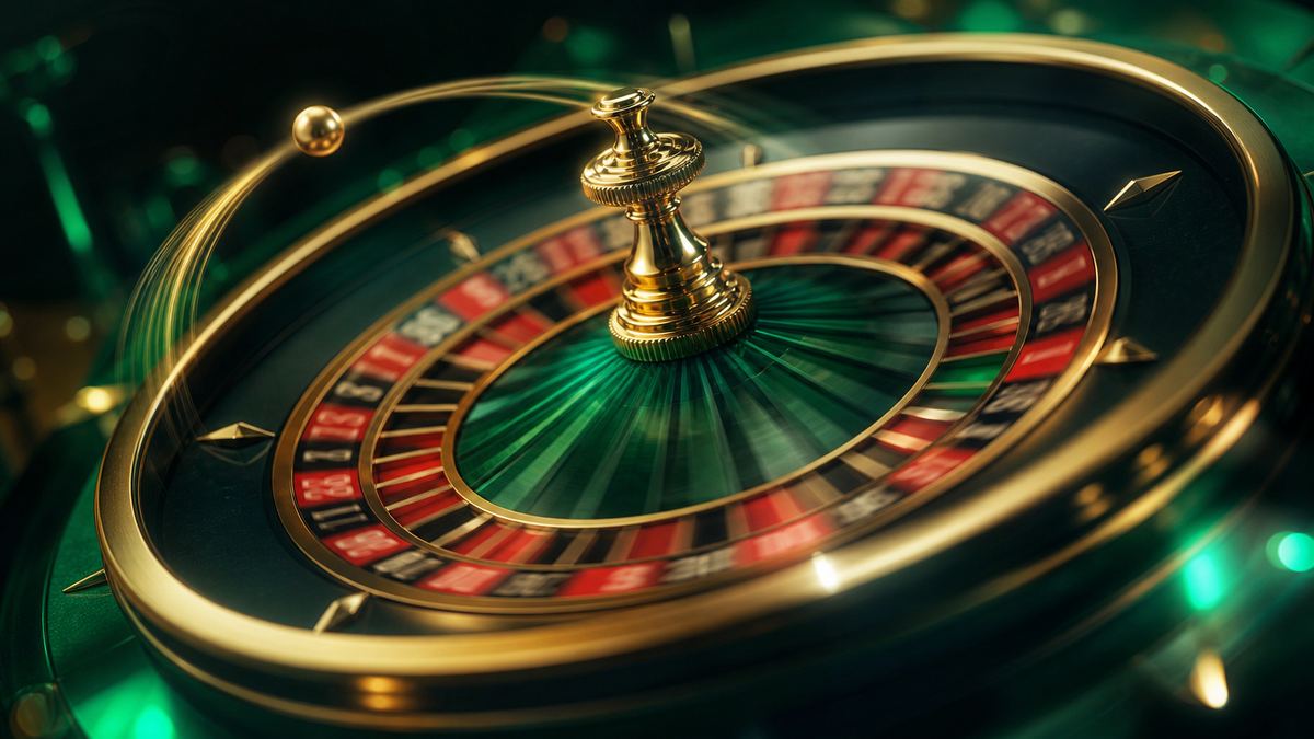 Roda roulette berputar dengan bola emas dalam suasana kasino zamrud