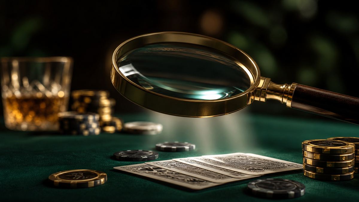 Kaca pembesar mengarah ke meja hijau dengan kartu dan chip permainan