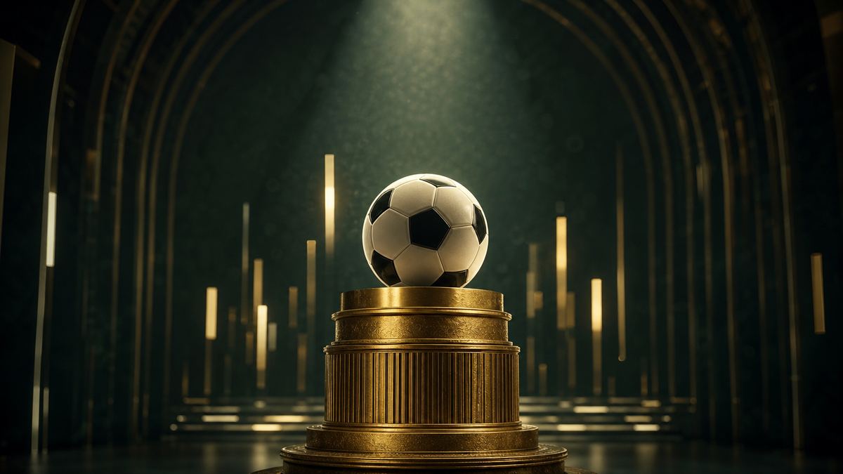 Bola sepak di atas piala emas dengan batang grafik cahaya mengapung di terowongan stadion