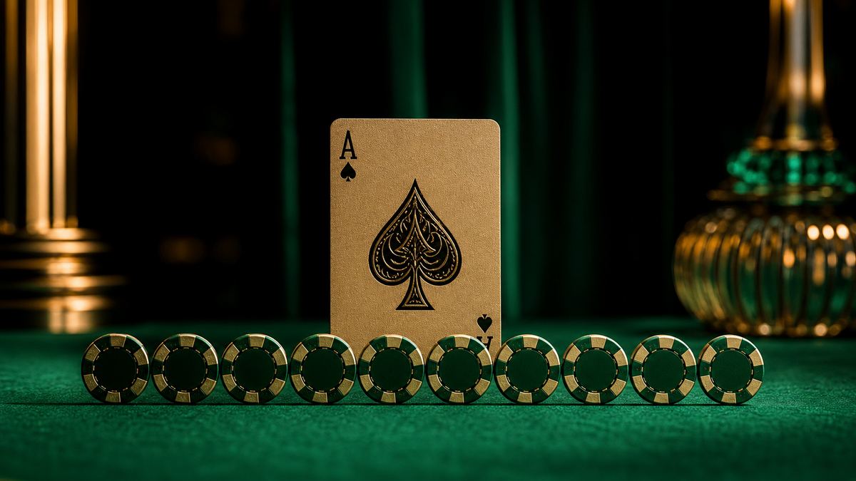 Kartu as sekop berdiri di belakang barisan chip poker yang tertata