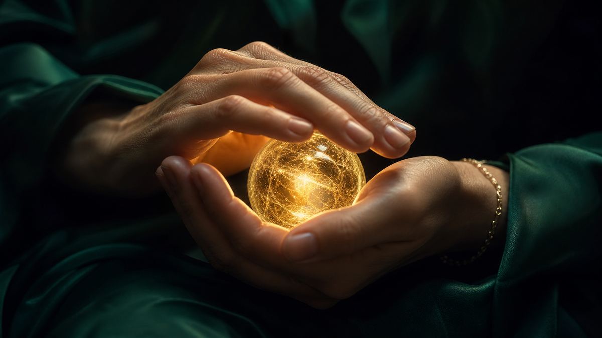 Dua tangan meneduhkan bola cahaya keemasan kecil di atas latar hijau gelap
