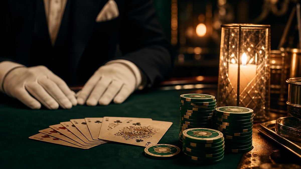 Meja baccarat dengan kartu terhampar dan tumpukan chip zamrud