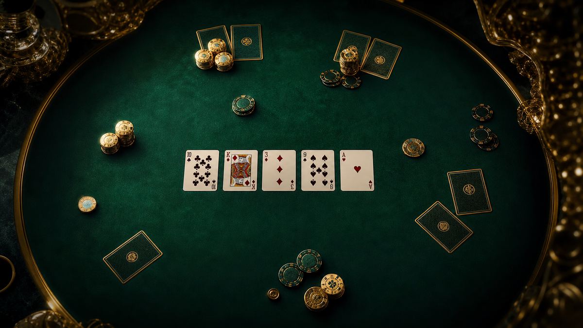 Meja texas holdem dengan kartu komunitas dan tumpukan chip emas
