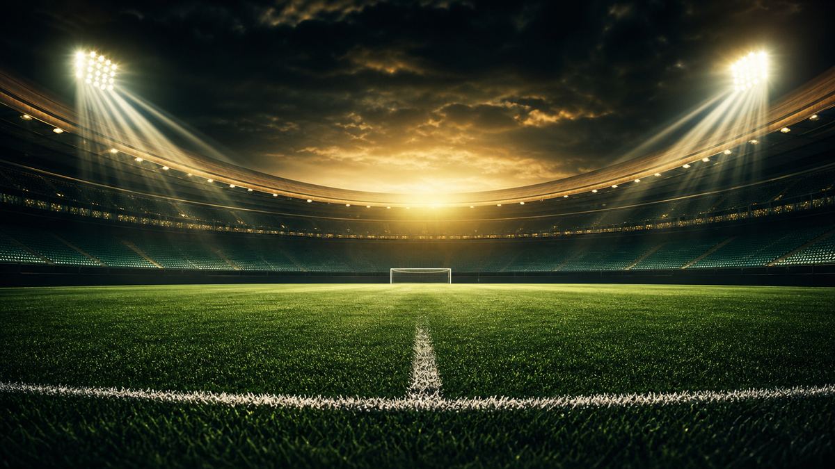 Lapangan sepak bola menyala diterangi lampu sorot dengan langit senja keemasan