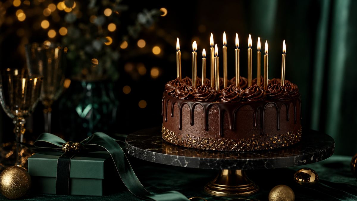 Kue cokelat gelap dengan lilin keemasan menyala dan pita zamrud