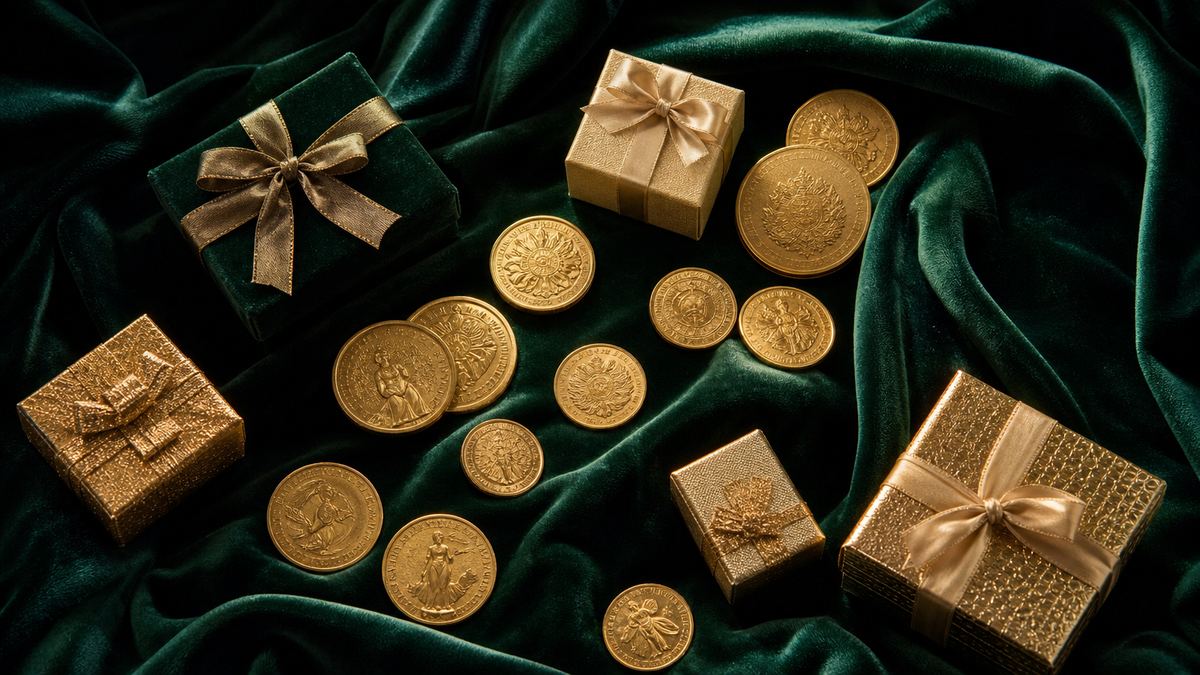 Susunan kado kecil dan koin emas di atas kain beludru hijau tua