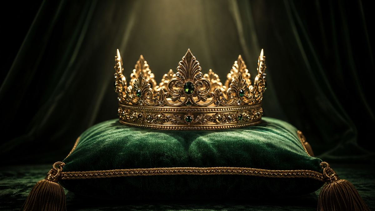 Mahkota emas di atas bantal beludru zamrud dengan sorotan dramatis