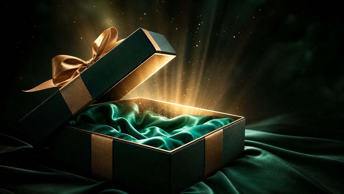 Kado terbuka dengan cahaya keemasan keluar dari dalamnya